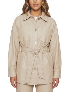 AG Adriano Goldschmied Chelsea Beige Faux Leather Belted Utility Trench Jacket